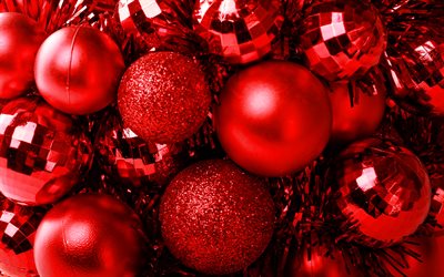red tinsel, red christmas balls, Happy New Year, christmas decorations, xmas balls, red christmas backgrounds, new year concepts, Merry Christmas