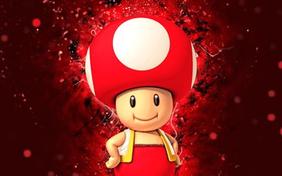 Toad, 4k, mushroom, red neon lights, Super Mario, creative, Super Mario characters, Super Mario Bros, Toad Super Mario