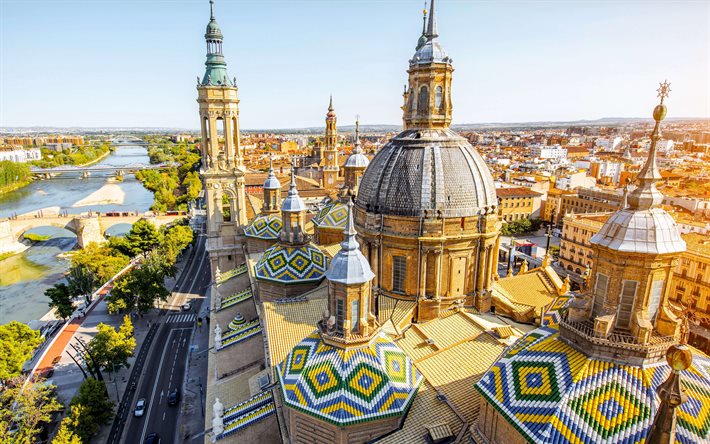 Cathedral-Basilica of Our Lady of the Pillar, 4k, espanjalaiset maamerkit, kes&#228;, kaupunkimaisemat, Zaragoza, Espanja, Eurooppa, espanjalaiset kaupungit