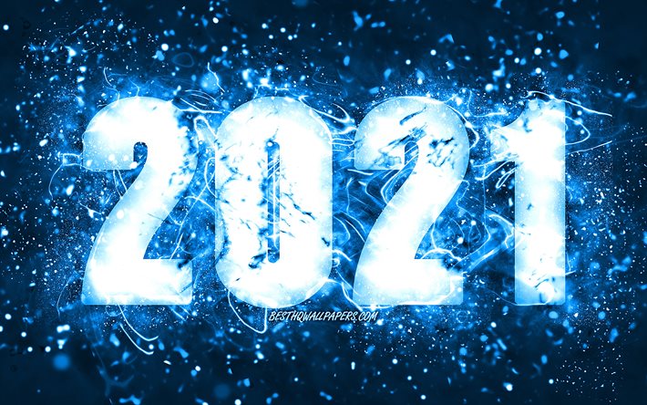 Hyv&#228;&#228; uutta vuotta 2021, 4k, sinisi&#228; neonvaloja, 2021 sinisi&#228; numeroita, 2021 k&#228;sitteit&#228;, 2021 sinisell&#228; pohjalla, 2021 vuoden numeroa, luova, 2021 uusi vuosi