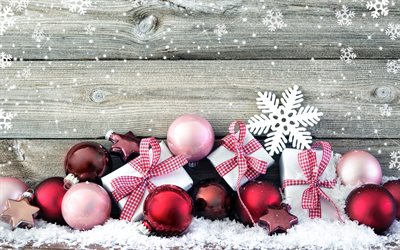 4k, snowflakes, purple christmas balls, gift boxes, Happy New Year, christmas decorations, xmas balls, purple tinsel, Merry Christmas, new year concepts