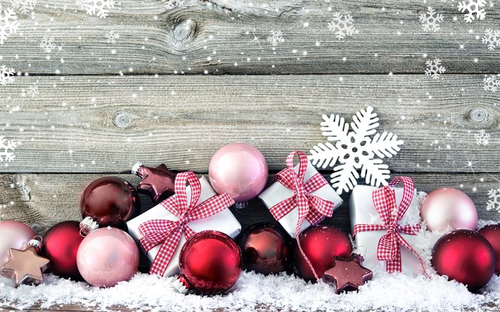 4k, copos de nieve, bolas navide&#241;as moradas, cajas de regalo, Feliz a&#241;o nuevo, adornos navide&#241;os, bolas navide&#241;as, oropel p&#250;rpura, Feliz Navidad, conceptos de a&#241;o nuevo