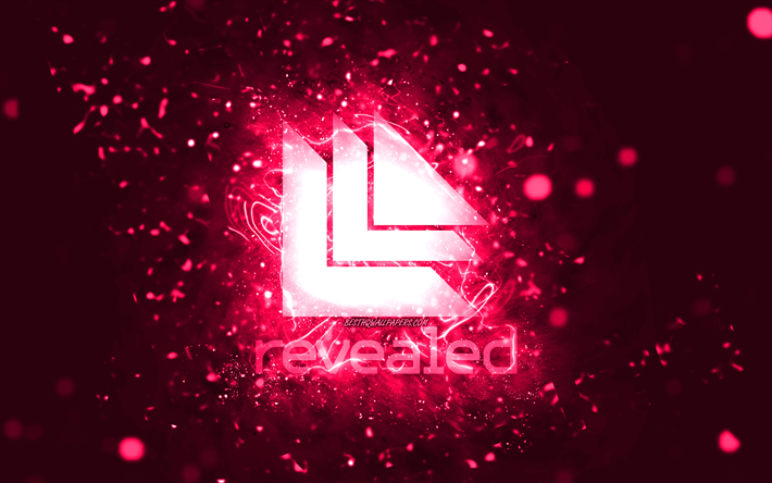 Revealed Recordings rosa logotyp, 4k, rosa neonljus, kreativ, rosa abstrakt bakgrund, Revealed Recordings logotyp, musiketiketter, Revealed Recordings