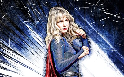 4k, Supergirl, arte grunge, super-her&#243;is, DC Comics, raios abstratos azuis, Melissa Benoist, Supergirl 4K
