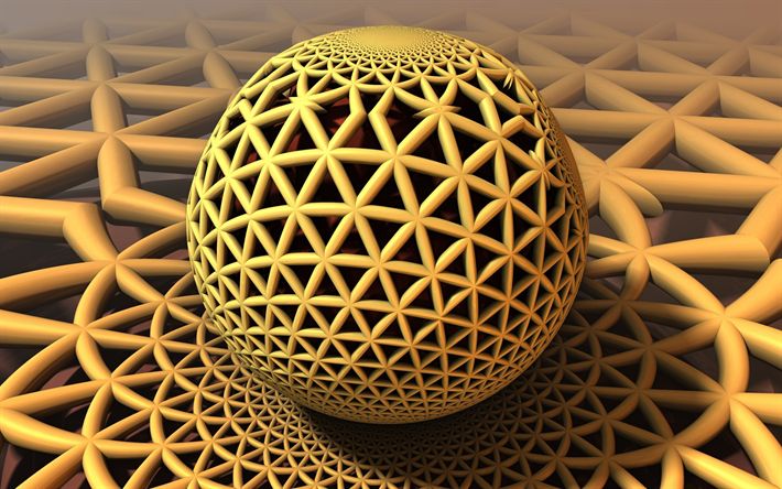 keltainen 3D-pallo, 4k, luova, keltainen 3D-tausta, geometriset muodot, 3D-pallot, abstraktit taustat