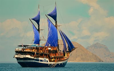 Bali, barca a vela, mare, vele blu, romanticismo, Indonesia, concetti di viaggio, natura meravigliosa