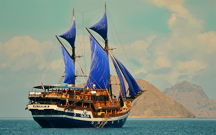 Bali, sailboat, sea, blue sails, romance, Indonesia, travel concepts, beautiful nature