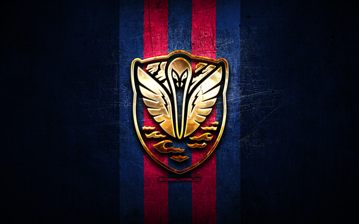 Tormenta FC, logotipo dourado, USL League One, fundo de metal azul, clube de futebol americano, logotipo Tormenta FC, futebol, South Georgia Tormenta FC