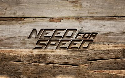 NFS-puinen logo, 4K, puiset taustat, Need for Speed, pelimerkit, NFS-logo, luova, puunveisto, NFS, Need for Speed -logo