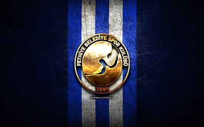 Fethiye Belediyespor Basketbol, gyllene logotyp, Basketbol Super Ligi, blå metall bakgrund, turkiskt basketlag, Fethiye Belediyespor logotyp, basket, Fethiye Belediyespor