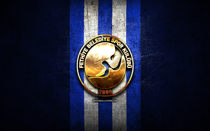 Fethiye Belediyespor Basketbol, altın logo, Basketbol S&#252;per Ligi, mavi metal arka plan, t&#252;rk basketbol takımı, Fethiye Belediyespor logosu, basketbol, Fethiye Belediyespor