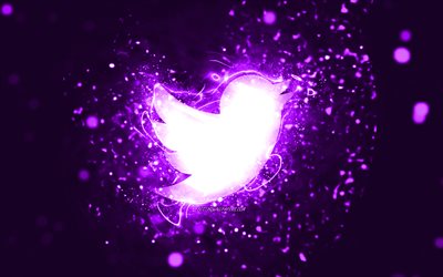 Twitter violett logotyp, 4k, violett neonljus, kreativ, violett abstrakt bakgrund, Twitter logotyp, socialt nätverk, Twitter