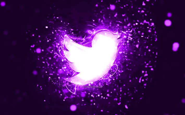 Twitter violett logotyp, 4k, violett neonljus, kreativ, violett abstrakt bakgrund, Twitter logotyp, socialt n&#228;tverk, Twitter