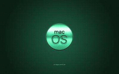 MacOS logo, turquoise shiny logo, MacOS metal emblem, turquoise carbon fiber texture, MacOS, brands, creative art