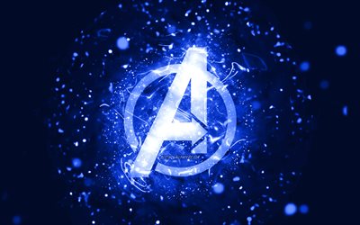 Logotipo dos Vingadores em azul escuro, 4k, luzes de n&#233;on azul escuro, criativo, fundo abstrato azul escuro, logotipo dos Vingadores, super-her&#243;is, Vingadores