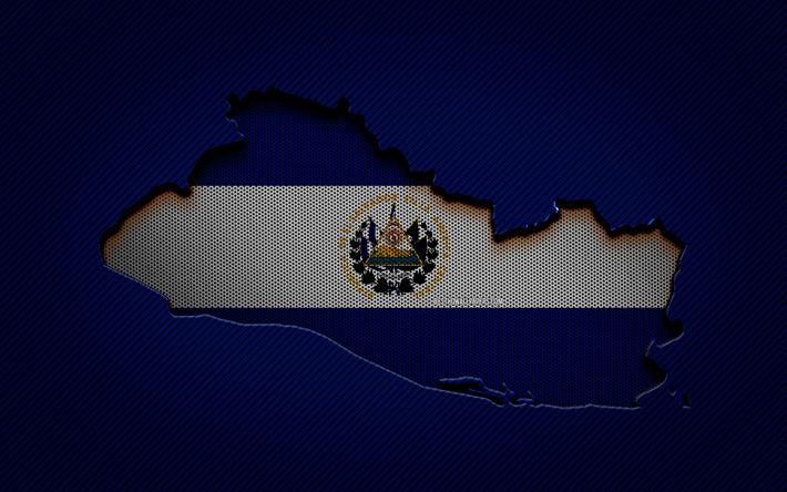 Mapa de El Salvador, 4k, pa&#237;ses da Am&#233;rica do Norte, bandeira salvadorenha, fundo de carbono azul, silhueta do mapa de El Salvador, bandeira de El Salvador, Am&#233;rica do Norte, mapa salvadorenho, El Salvador
