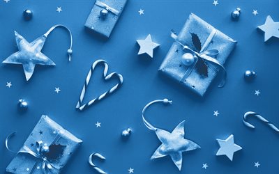 Blue Christmas background, 4k, Happy New Year, Christmas background with gifts, boxes gifts, New Year, Merry Christmas