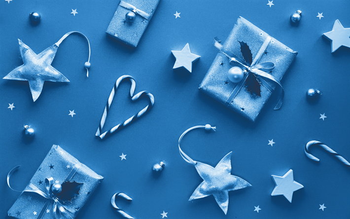 Fond bleu de No&#235;l, 4k, bonne ann&#233;e, fond de No&#235;l avec des cadeaux, des bo&#238;tes cadeaux, nouvel an, joyeux No&#235;l