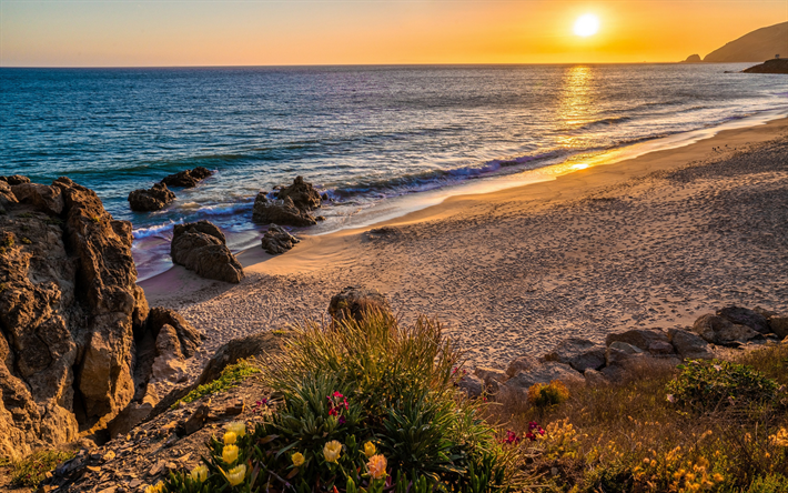 Malibu, Tyynimeri, rannikko, kesä, auringonlasku, ranta, aallot, Kalifornia, USA