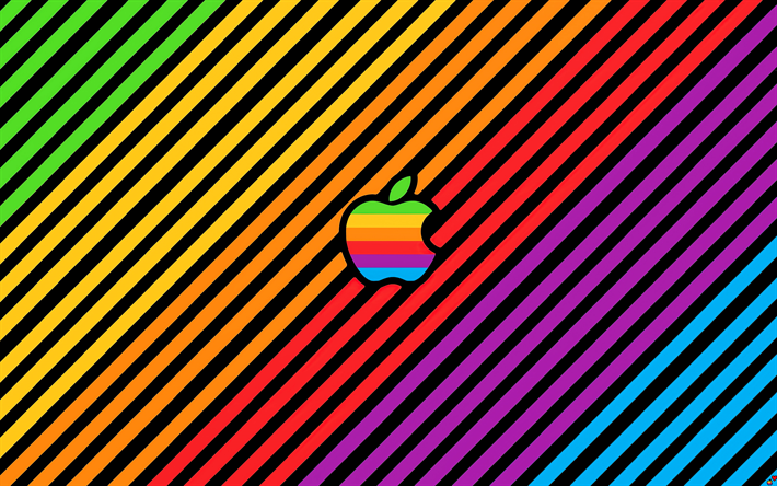 apple retro-logo, 4k, kunstwerk, regenbogen-brickwall, kreativ, marken, apple-logo, regenbogenhintergr&#252;nde, abstraktes apple-logo, apple