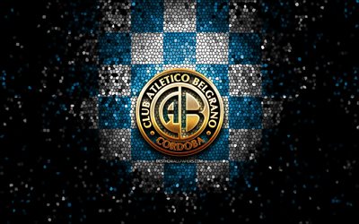 CA Belgrano, glitter logo, Primera Nacional, blue white checkered background, soccer, argentinian football club, CA Belgrano logo, Club Atletico Belgrano, mosaic art, football, Belgrano FC