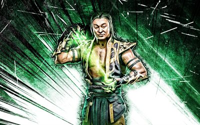 4k, Shang Tsung, grunge sanat, MK11, Mortal Kombat 11, yeşil abstarct ışınları, Mortal Kombat, Shang Tsung Mortal Kombat