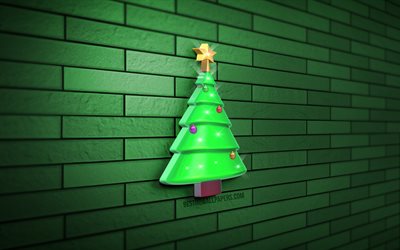 4k, クリスマスツリー, 光沢のあるクリスマスツリー, 緑のレンガの壁, でてくるのは？, 新年あけましておめでとうございます, メリークリスマス, 3Dアート, 3Dクリスマスツリー, クリスマスの飾り