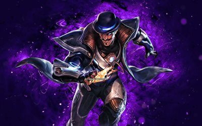 Pulsefire Twisted Fate, 4k, n&#233;ons violets, League of Legends, MOBA, illustrations, Pulsefire Twisted Fate Skin, Pulsefire Twisted Fate Build, LoL, Pulsefire Twisted Fate League of Legends