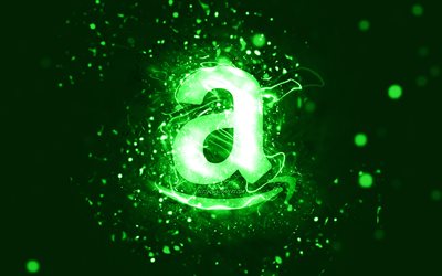 4k, Amazon green logo, artwork, green abstract background, Amazon logo, green neon lights, brands, Amazon