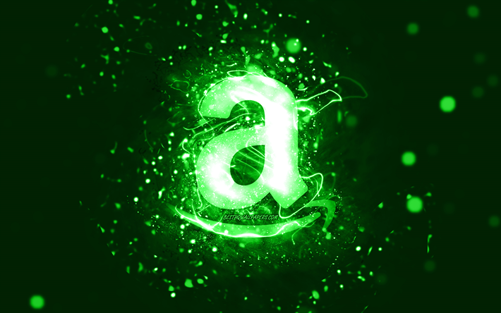 4k, Amazon yeşil logosu, sanat eseri, yeşil soyut arka plan, Amazon logosu, yeşil neon ışıkları, markalar, Amazon
