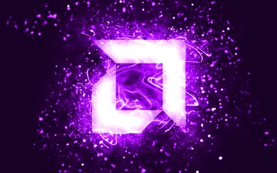 amd-violettes logo, 4k, violette neonlichter, kreativer, violetter abstrakter hintergrund, amd-logo, marken, amd