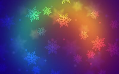 colorful snowflakes, 4k, abstract snowfall, rainbow backgrounds, creative, abstract snowflakes, artwork, snowflakes patterns, snowflakes