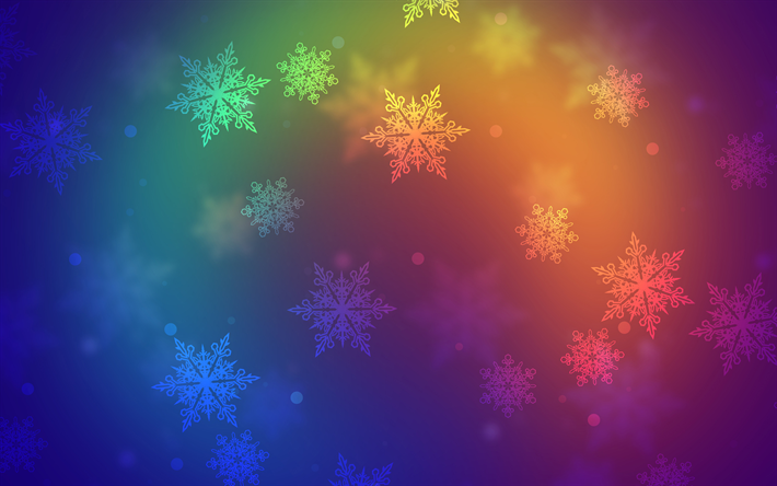 flocos de neve coloridos, 4k, queda de neve abstrata, planos de fundo do arco-&#237;ris, criativos, flocos de neve abstratos, arte, padr&#245;es de flocos de neve, flocos de neve