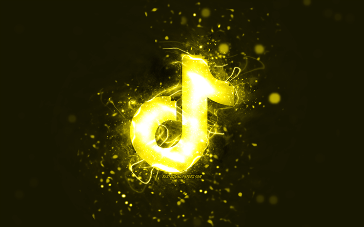 TikTok sarı logo, 4k, sarı neon ışıklar, yaratıcı, sarı soyut arka plan, TikTok logosu, sosyal ağ, TikTok