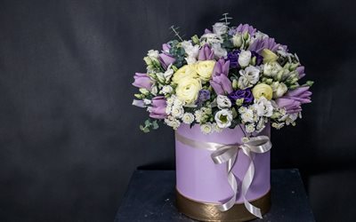 box with flowers, beautiful bouquet, purple tulips, roses, flower decoration, purple flower box, purple flowers