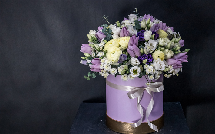 صندوق بالورد, باقة جميلة, الزنبق الأرجواني, الزهور, زخرفة زهرة, صندوق الزهور الأرجواني, الزهور الإرجوانية
