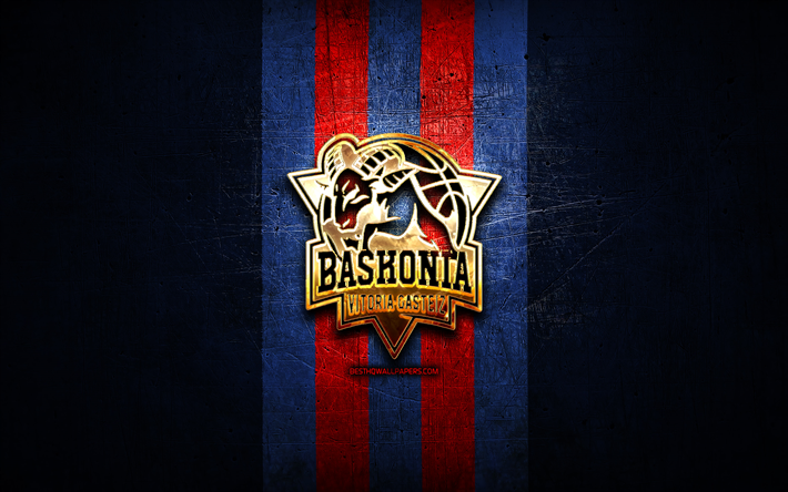 Saski Baskonia, logo dorato, ACB, sfondo blu metallo, squadra spagnola di basket, logo Saski Baskonia, basket, Baskonia Vitoria-Gasteiz
