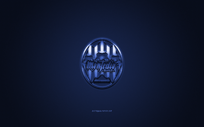 montedio yamagata, japanischer fu&#223;ballverein, blaues logo, blauer kohlefaserhintergrund, j2-liga, fu&#223;ball, tendo, japan, montedio yamagata-logo