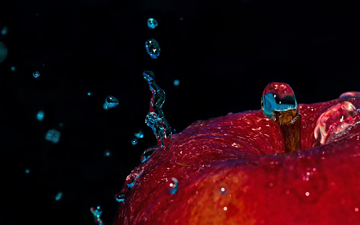 mela rossa, gocce d'acqua, spruzzi d'acqua, frutti maturi, mele, sfondo con mela