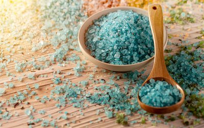 blue spa salt, wellness, spa accessories, sea salt, coarse turquoise salt, spoon with sea salt