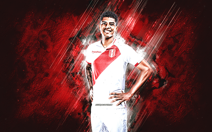 Wilder Cartagena, Peru national football team, Peruvian footballer, red stone background, Peru, football, grunge art