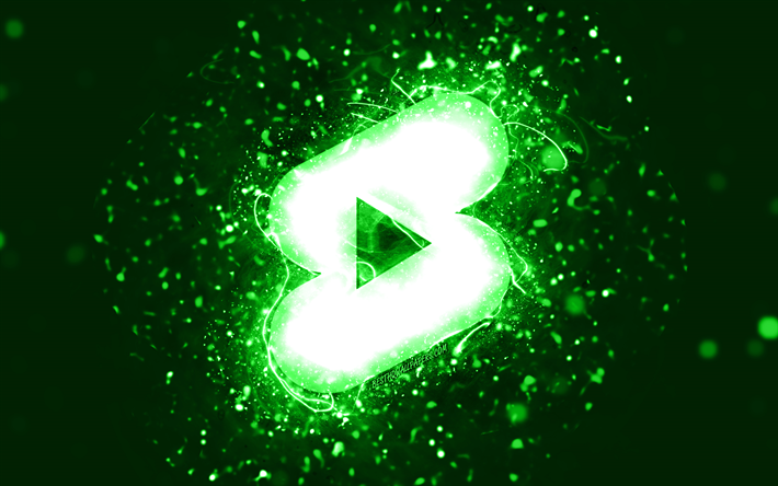 Pantaloncini Youtube logo verde, 4k, luci al neon verdi, creativo, sfondo astratto verde, logo dei pantaloncini Youtube, social network, pantaloncini Youtube