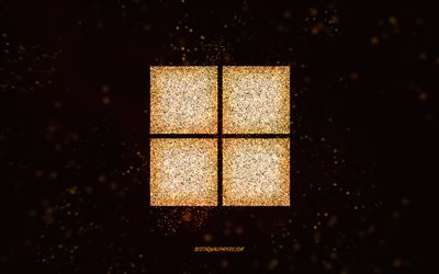 Windows 11 glitterlogo, keltainen glitter-logo, musta tausta, Windows 11 -logo, Windows 11, luova taide, Windows 11 keltainen glitterlogo, Windows-logo, Windows