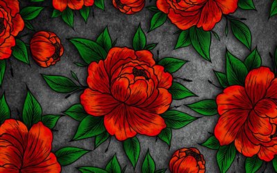 poppies patterns, floral patterns, background with poppies, floral art, red flowers pattern, background with flowers