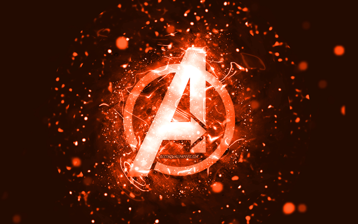 Avengers orange logo, 4k, orange neon lights, creative, orange abstract background, Avengers logo, superheroes, Avengers