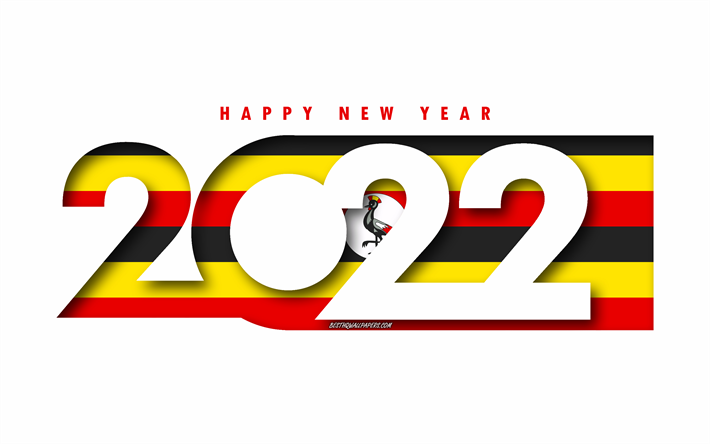 Hyv&#228;&#228; uutta vuotta 2022 Uganda, valkoinen tausta, Uganda 2022, Uganda 2022 uusi vuosi, 2022 konseptit, Uganda, Ugandan lippu