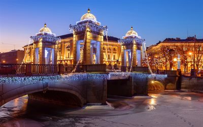 Lomonosov Bridge, Sankt Petersburg, vinter, kv&#228;ll, Ryssland, Ryska Federationen
