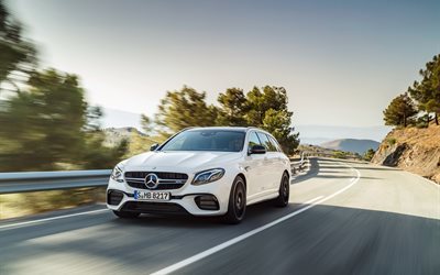 Mercedes-Benz E63 AMG, 2017 cars, motion blur, road, white e-class, Mercedes