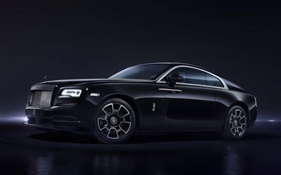 Rolls-Royce Wraith, Preto Emblema, 2016, carros de luxo, preto Rolls-Royce