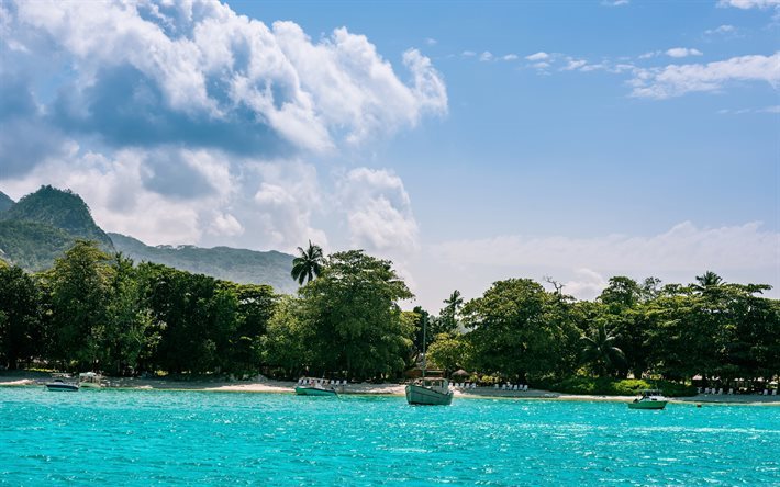 Beau Vallon, Seychelles, Hint Okyanusu, tropik ada, plaj, palmiye ağa&#231;ları, cennet